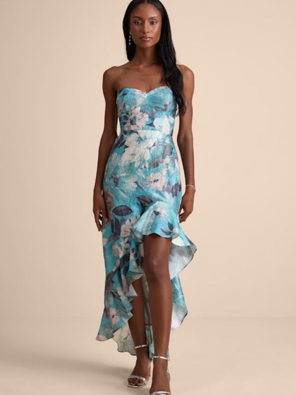 Lulus Blushing Darling Turquoise Floral High-Low Maxi Dress M